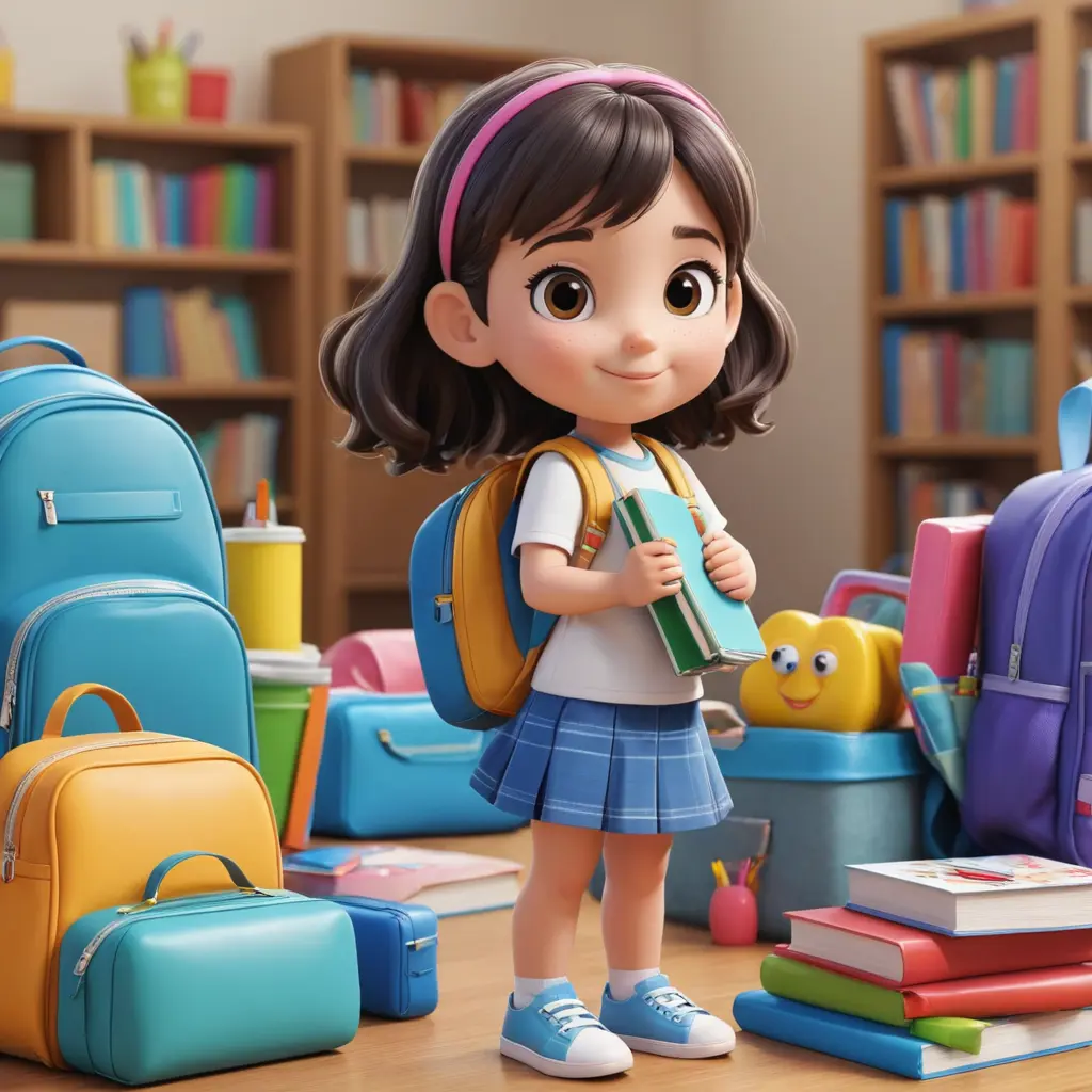 بنت صغيرة شخصية كرتون ثري دي ، وفى الخلف مجموعة من الشنط المدرسية ، لانش بوكس، أقلام ، كتب