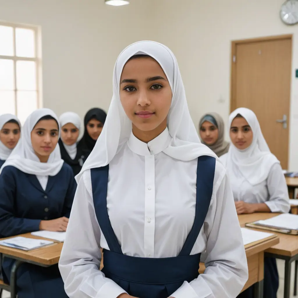 طالبة عمانية بعمر 16 عاما ترتدي الزي المدرسي عبارة عن حجاب أبيض اللون و مريولا كحلي اللون و قميصا أبيضا و تقف في قاعة الصف مع زميلاتها الطالبات العمانيات المحجبات و معلمتهم العمانية المحجبة