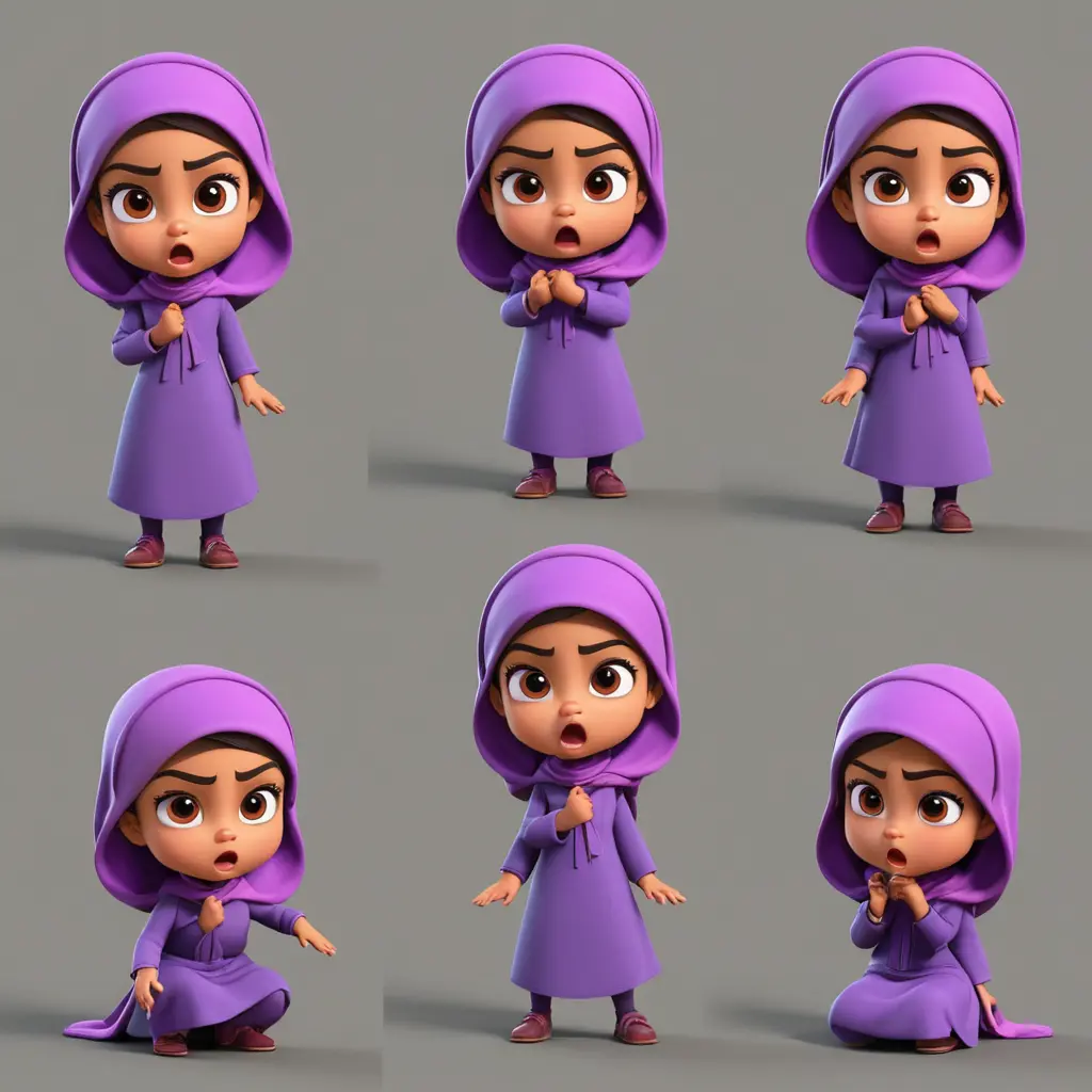Angry Little muslim girl , purple hijab , pink dress ,  children book style , multiple poses and expression ,cute ,cartoon 3d 