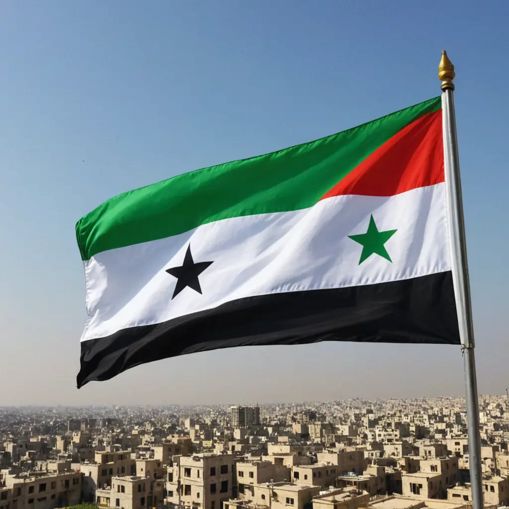 علم الثوره السوريه اخضر من الاعلاى وأسود من الاسفل وابيض من الوسط مع ثلاث نجمات خضراء بالوسط يرفرف في حلب