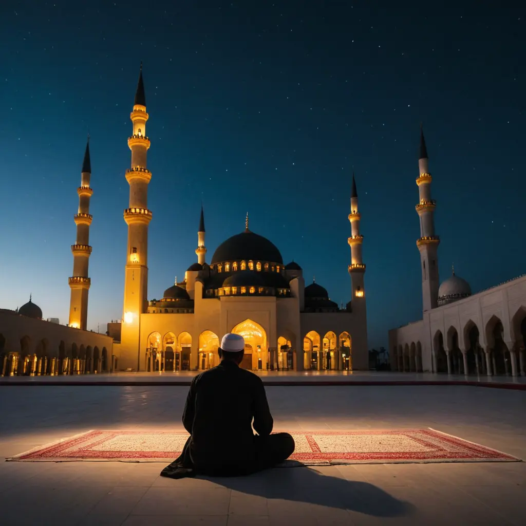 صورة مسجد بداخله مصلي يدعوا الله في وقت الليل