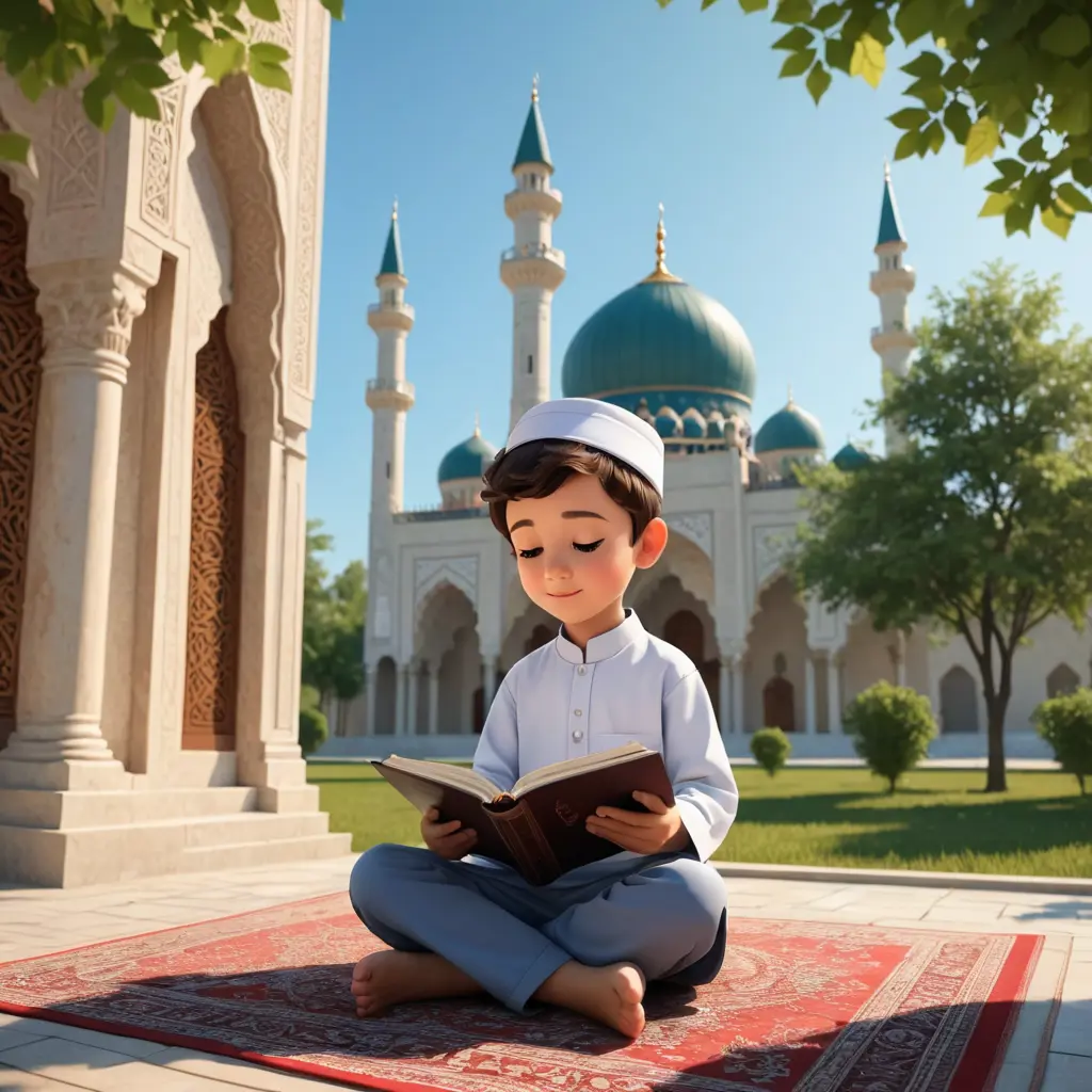 طفل كرتوني يقرأ القرآن الكريم في المسجد والمسجد جميل خارجة شجر