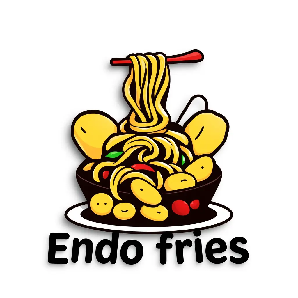 Generate a detailed logo in 2d for a company named 'Endo fries' in the restaurant field. The logo should prominently feature Noodles and potatoes and plate .