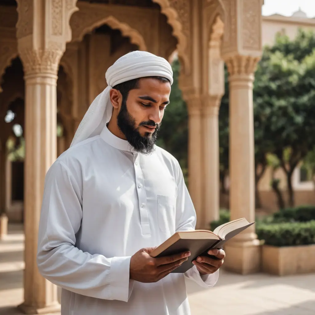 صورة رجل مسلم يقرأ كتاب وهو واقف