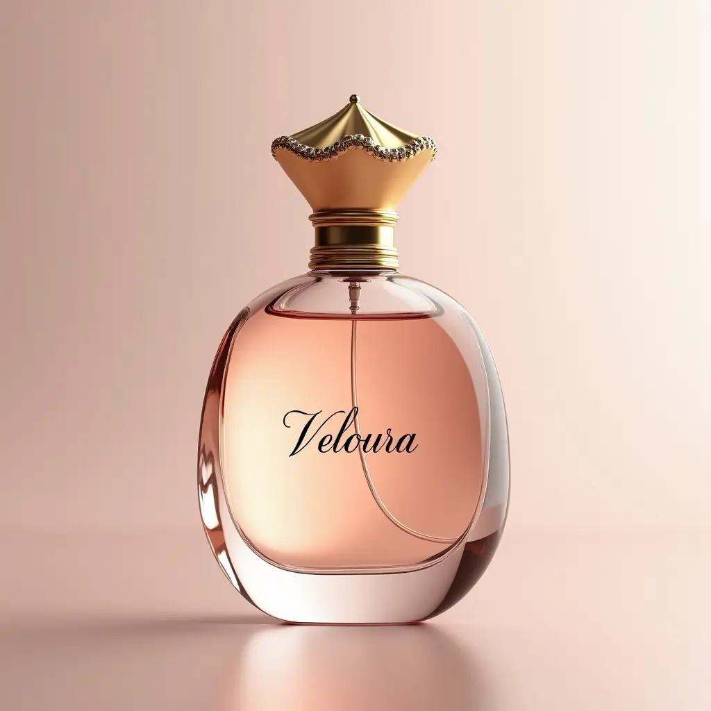 تصميم القارورة عطر اسمه veloura الأنيقة:
القارورة بشكل جوهرة ناعمة ومستطيلة قليلاً، بخطوط انسيابية وناعمة بدون زوايا حادة.
الزجاج يكون بلون شفاف مع تدرج خفيف للون الشمبانيا الوردي (Champagne Pink)، يوحي بالنعومة والرقي.
السطح زجاجي أملس ولامع، ولكن اللمعان ناعم وخفيف وليس صارخ.
الغطاء (التاج بطريقة أنيقة):
الغطاء يصمم بشكل تاج مصغر جداً لكن بطريقة مبسطة وراقية — بدون فصوص كثيرة، فقط خطوط ذهبية رفيعة تحدد شكل التاج.
لون الغطاء ذهبي مطفي (Gold Matte) وليس لامع مبهرج، ليعطي لمسة فخامة بدون مبالغة.
تفاصيل إضافية:
على عنق القارورة طوق ذهبي رفيع جداً، كأنه خاتم ثمين يلف العطر.
اسم العطر منقوش بخط أنثوي وكلاسيكي بلون ذهبي رقيق.
لا توجد زخارف كثيرة... البساطة نفسها تعبر عن الثمن والقيمة.