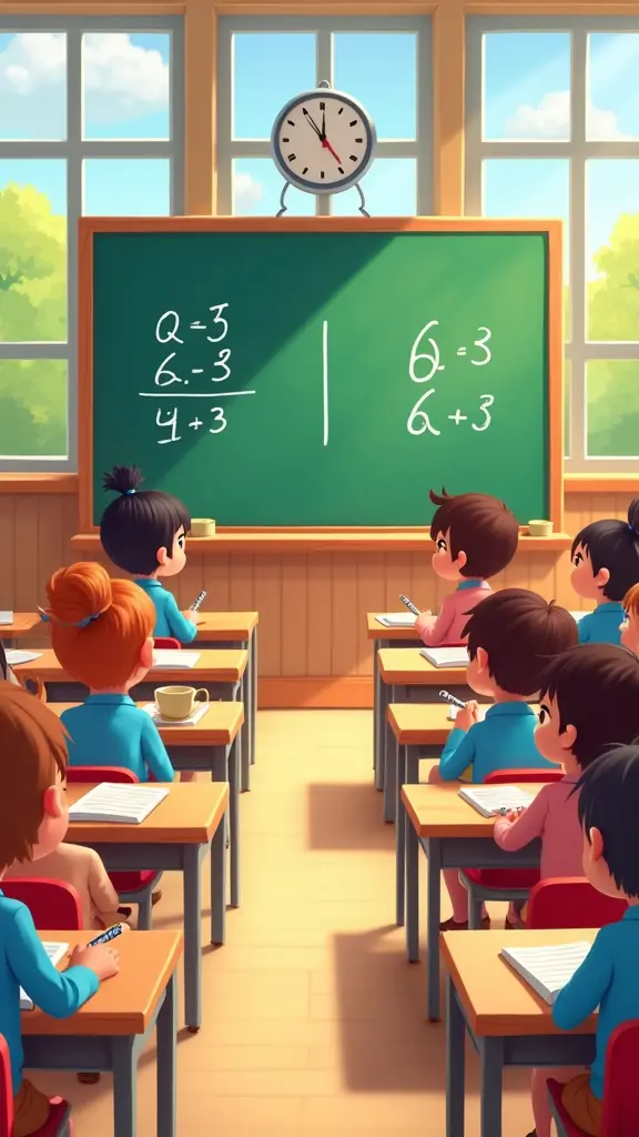 صورة كرتونية لقسم في مدرسة ابتدائية، أطفال يجلسون على مقاعد الدراسة، أمامهم كراريس، و في الأمام سبورة خضراء عليها أرقام وعمليات جمع، وتظهر عبر النافذة ساحة المدرسة، و الجدران مزينة بألوان جميلة